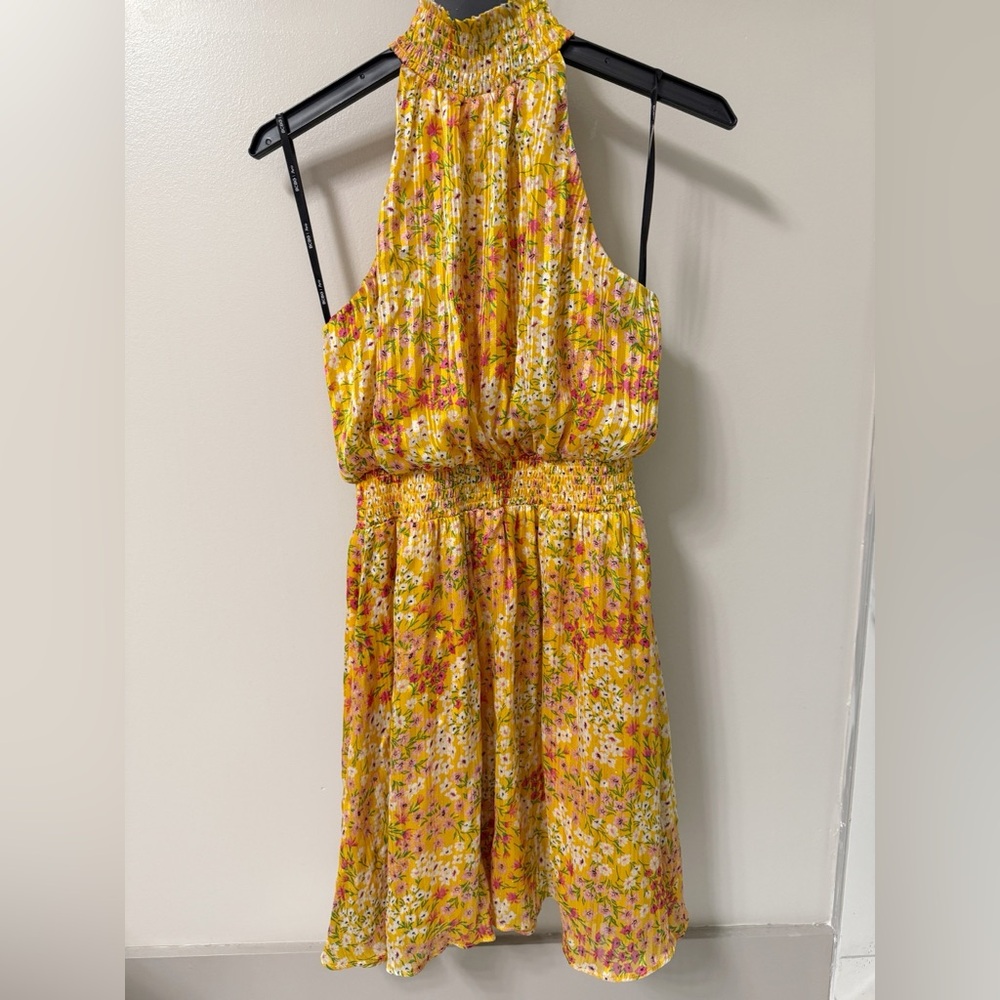 BCBG Paris Women's Halter Mini Dress | Small | Yellow Gold Wildflower Whirl